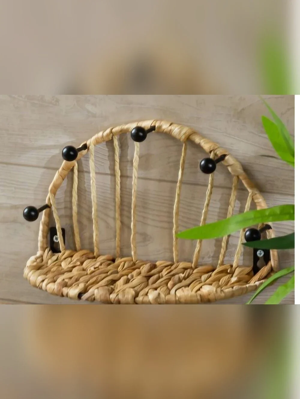 Woven Natural Rope Wall Hook Rack with Black Accent Knobs